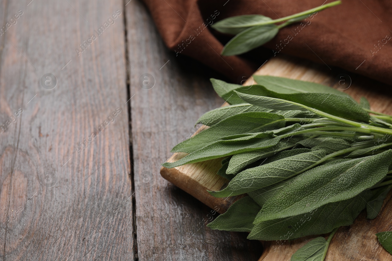 Photo of Fresh sage leaves on wooden table, closeup. Space for text