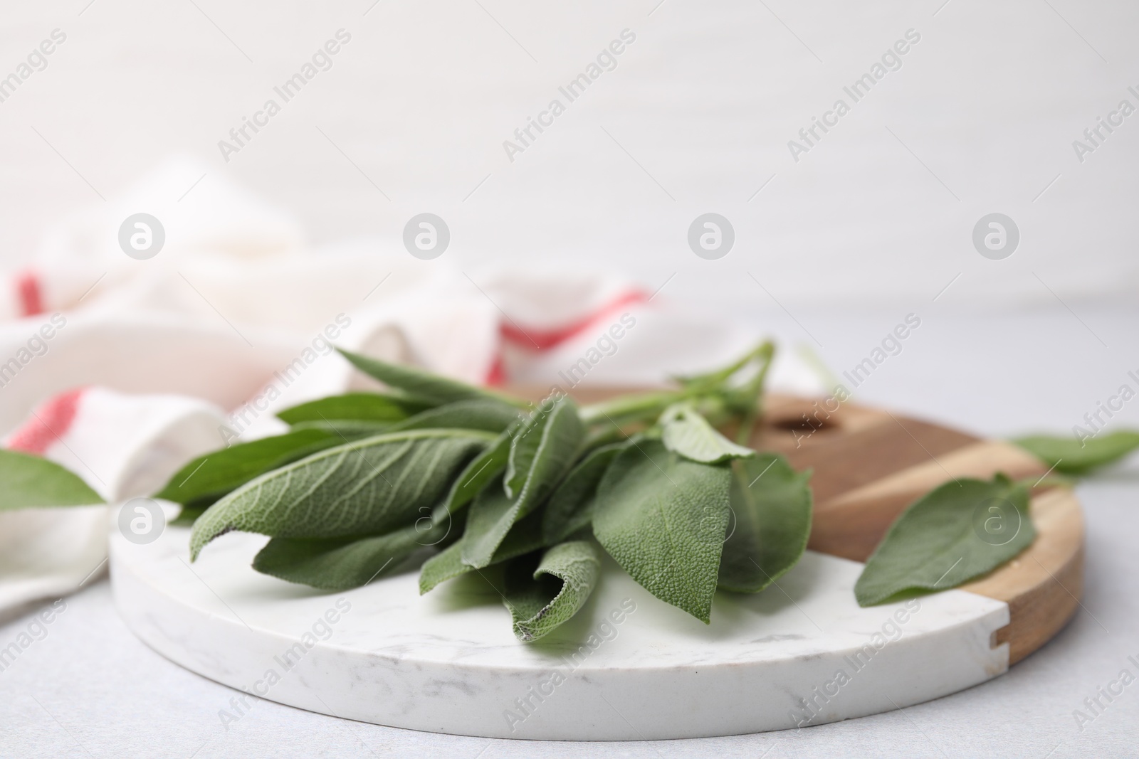 Photo of Fresh sage leaves on light table, closeup