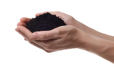 Woman holding pile of soil on white background, closeup