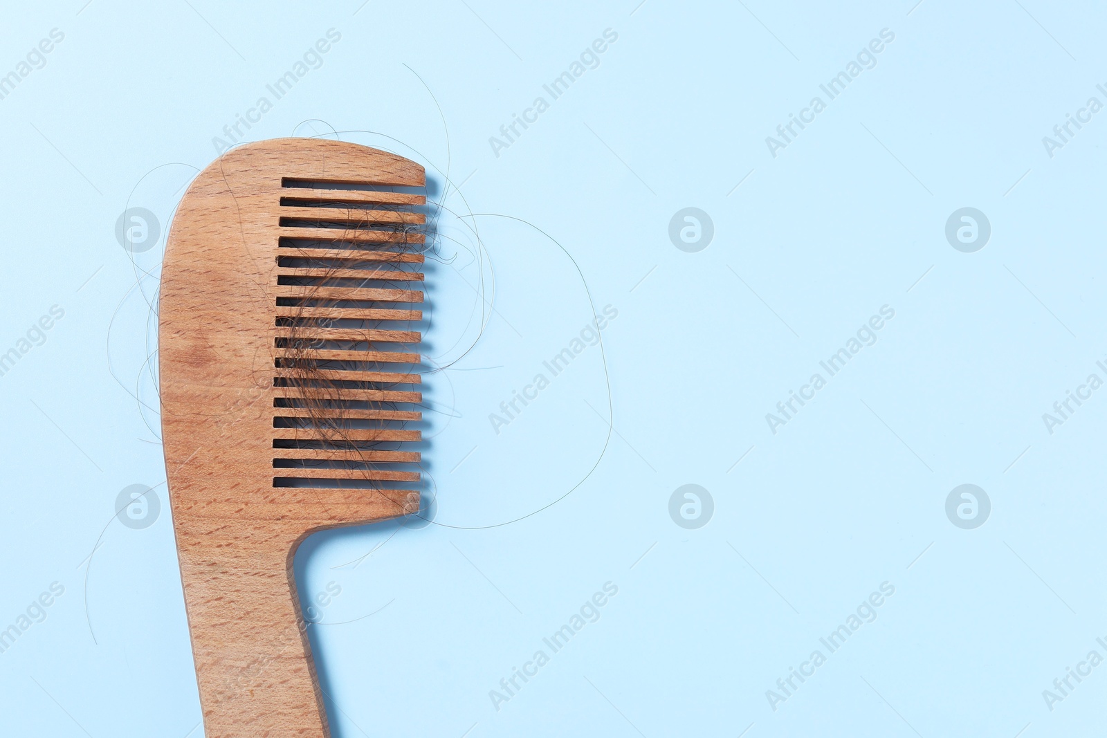 Photo of Wooden comb with lost hair on light blue background, top view. Space for text