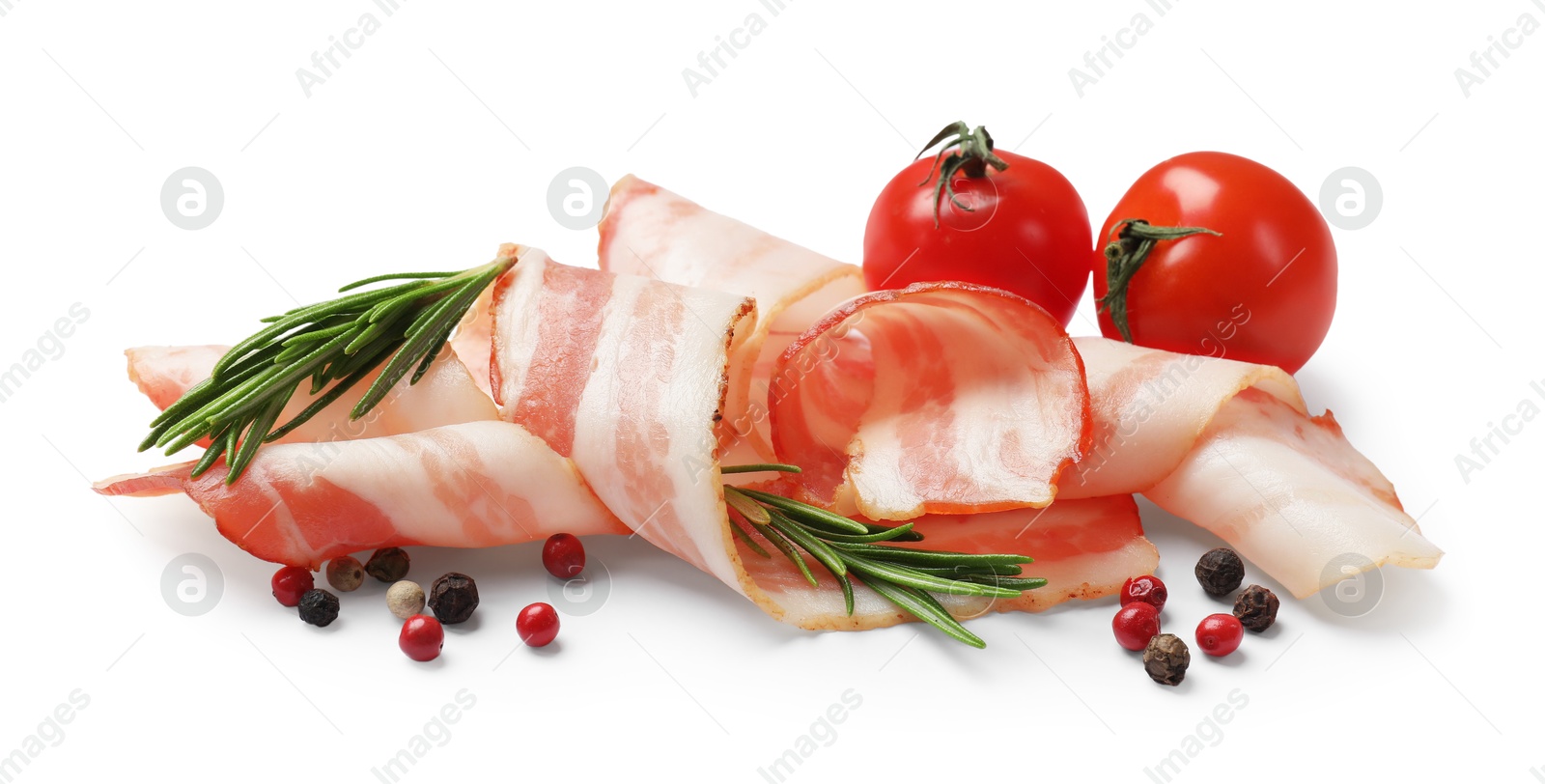 Photo of Slices of raw bacon, fresh tomatoes, peppercorns and rosemary isolated on white