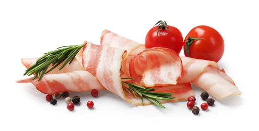 Photo of Slices of raw bacon, fresh tomatoes, peppercorns and rosemary isolated on white