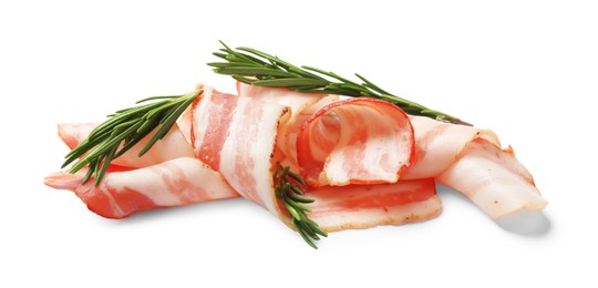 Photo of Slices of raw bacon and rosemary isolated on white