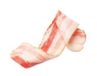 Photo of Slice of raw bacon isolated on white, top view