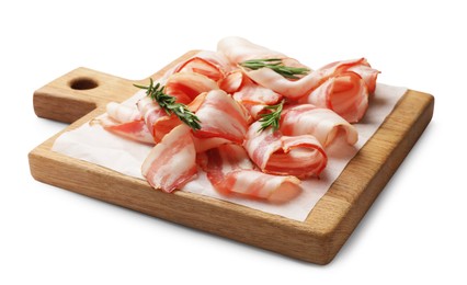 Slices of raw bacon and rosemary isolated on white