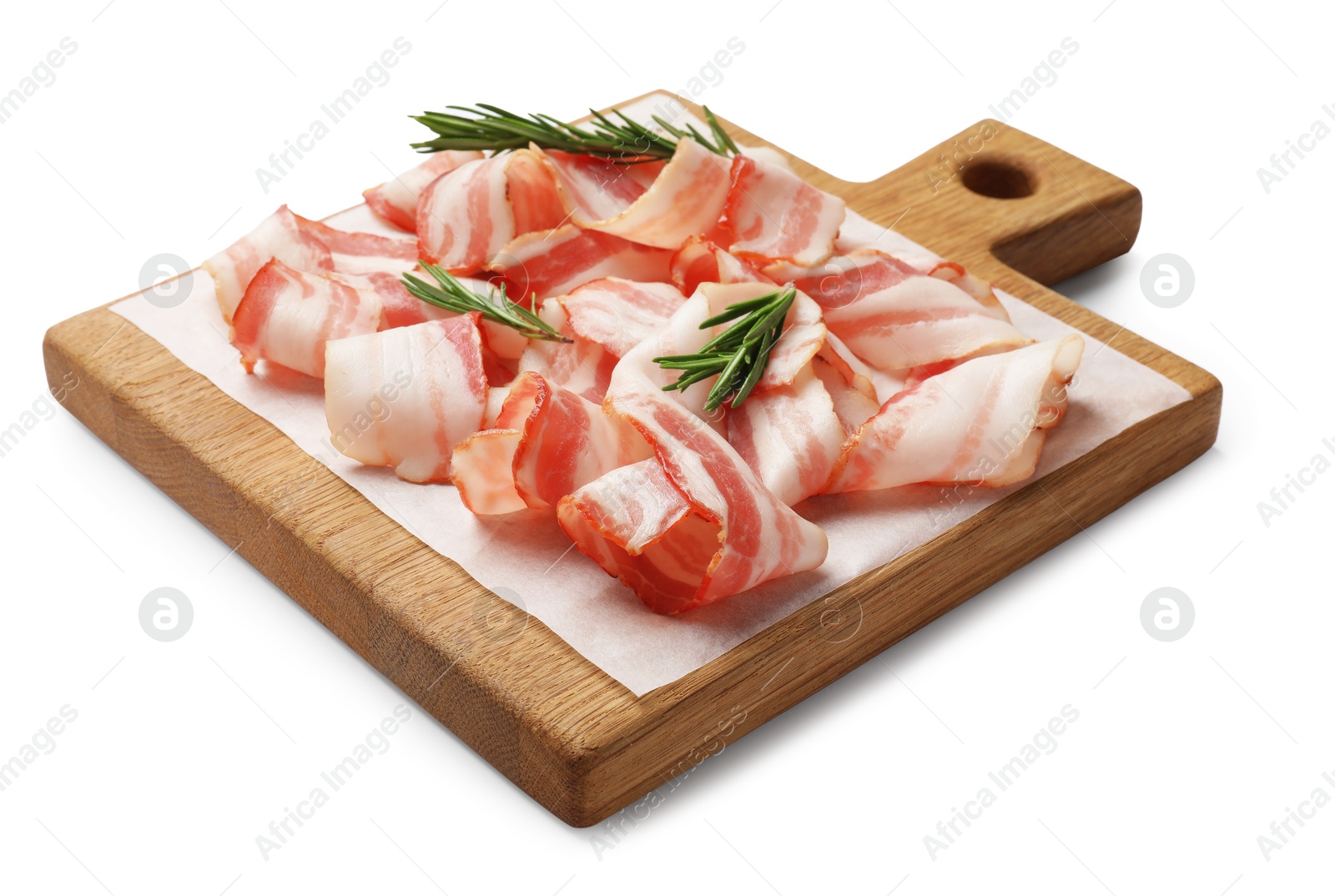 Photo of Slices of raw bacon and rosemary isolated on white