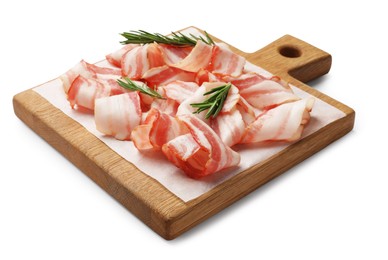 Photo of Slices of raw bacon and rosemary isolated on white