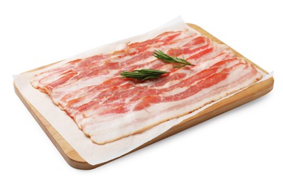 Slices of raw bacon and rosemary isolated on white