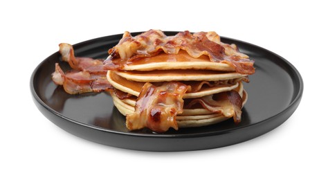 Delicious pancakes with fried bacon isolated on white