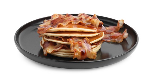 Delicious pancakes with fried bacon isolated on white