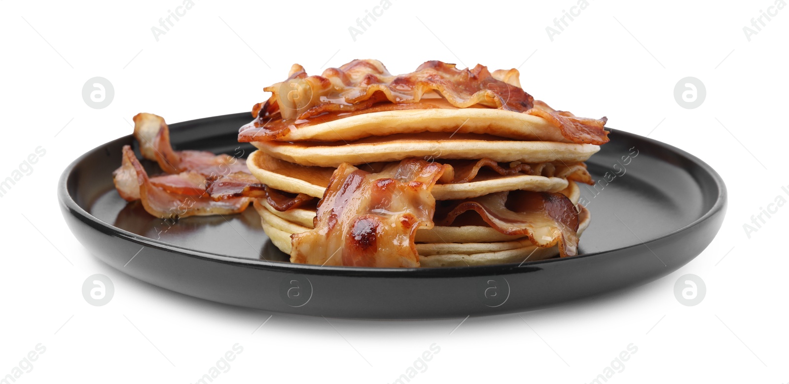 Photo of Delicious pancakes with fried bacon isolated on white