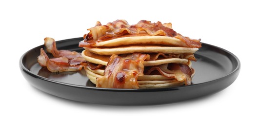 Delicious pancakes with fried bacon isolated on white