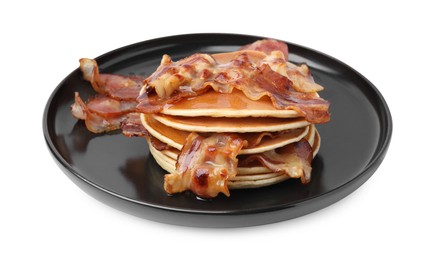 Delicious pancakes with fried bacon isolated on white