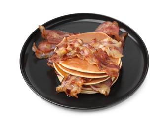 Delicious pancakes with fried bacon isolated on white