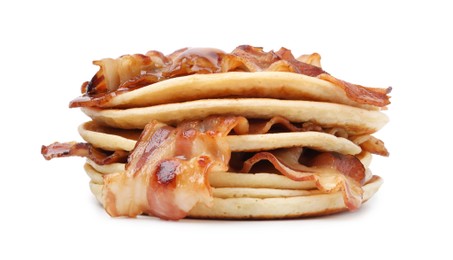 Photo of Pouring maple syrup onto delicious pancakes with fried bacon isolated on white