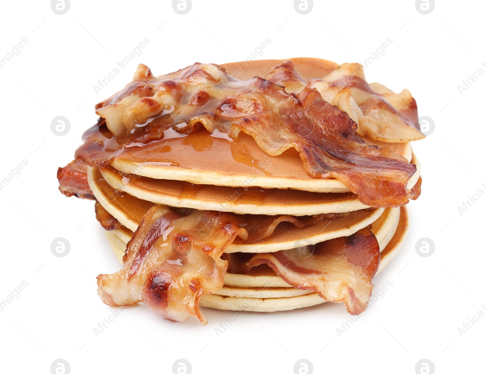 Photo of Delicious pancakes with fried bacon isolated on white