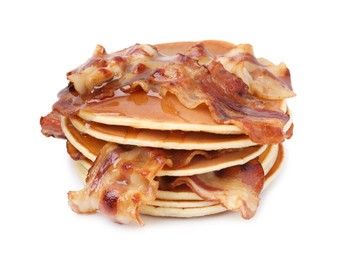 Delicious pancakes with fried bacon isolated on white