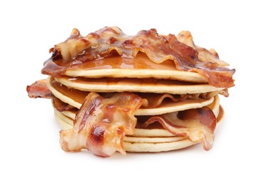 Photo of Delicious pancakes with fried bacon isolated on white