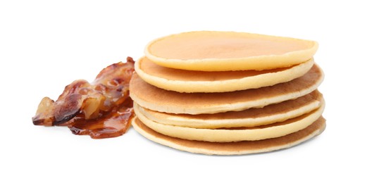 Delicious pancakes with fried bacon isolated on white