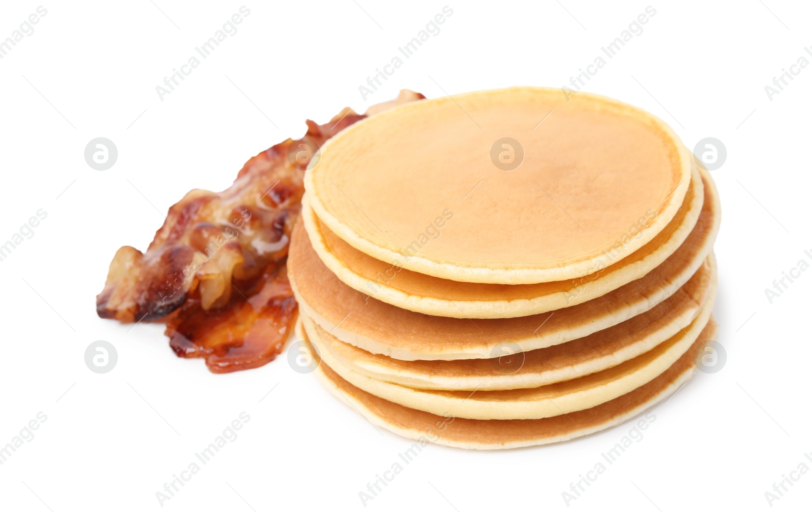 Photo of Delicious pancakes with fried bacon isolated on white