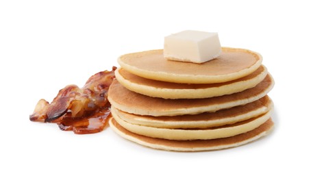 Delicious pancakes with butter and fried bacon isolated on white