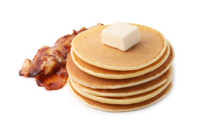 Delicious pancakes with butter and fried bacon isolated on white