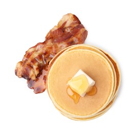 Delicious pancakes with butter and fried bacon isolated on white, top view