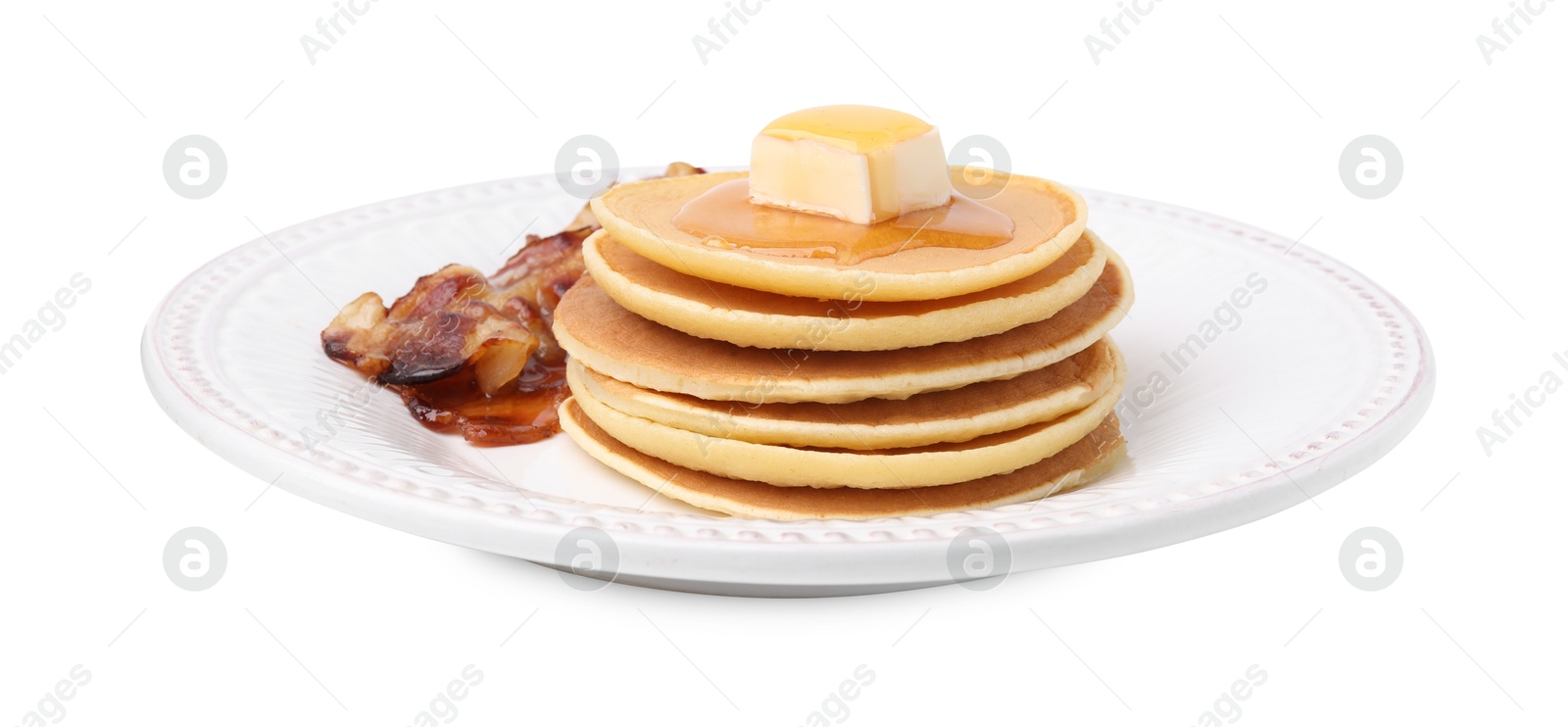 Photo of Delicious pancakes with butter and fried bacon isolated on white