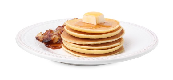 Delicious pancakes with butter and fried bacon isolated on white