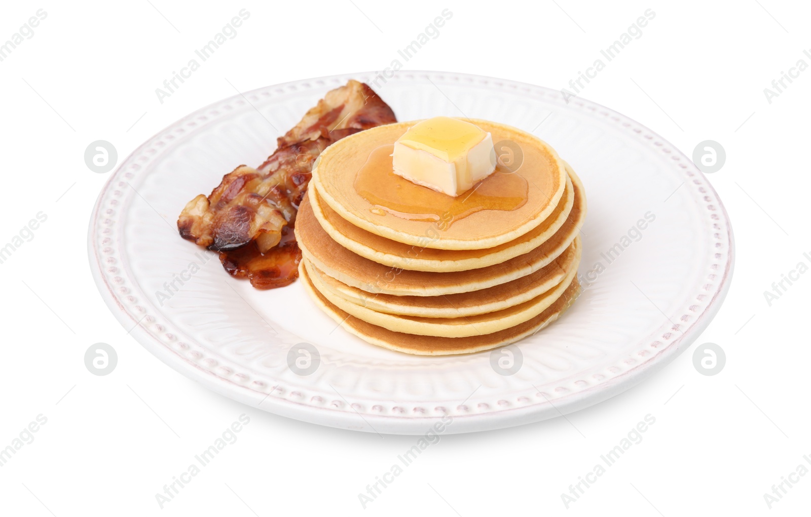 Photo of Delicious pancakes with butter and fried bacon isolated on white