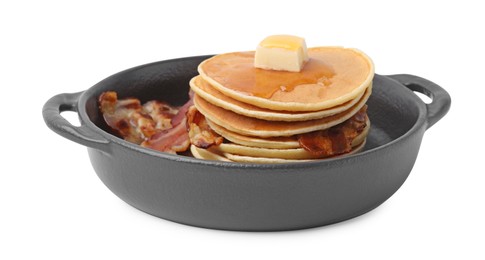 Photo of Tasty pancakes with butter and fried bacon isolated on white