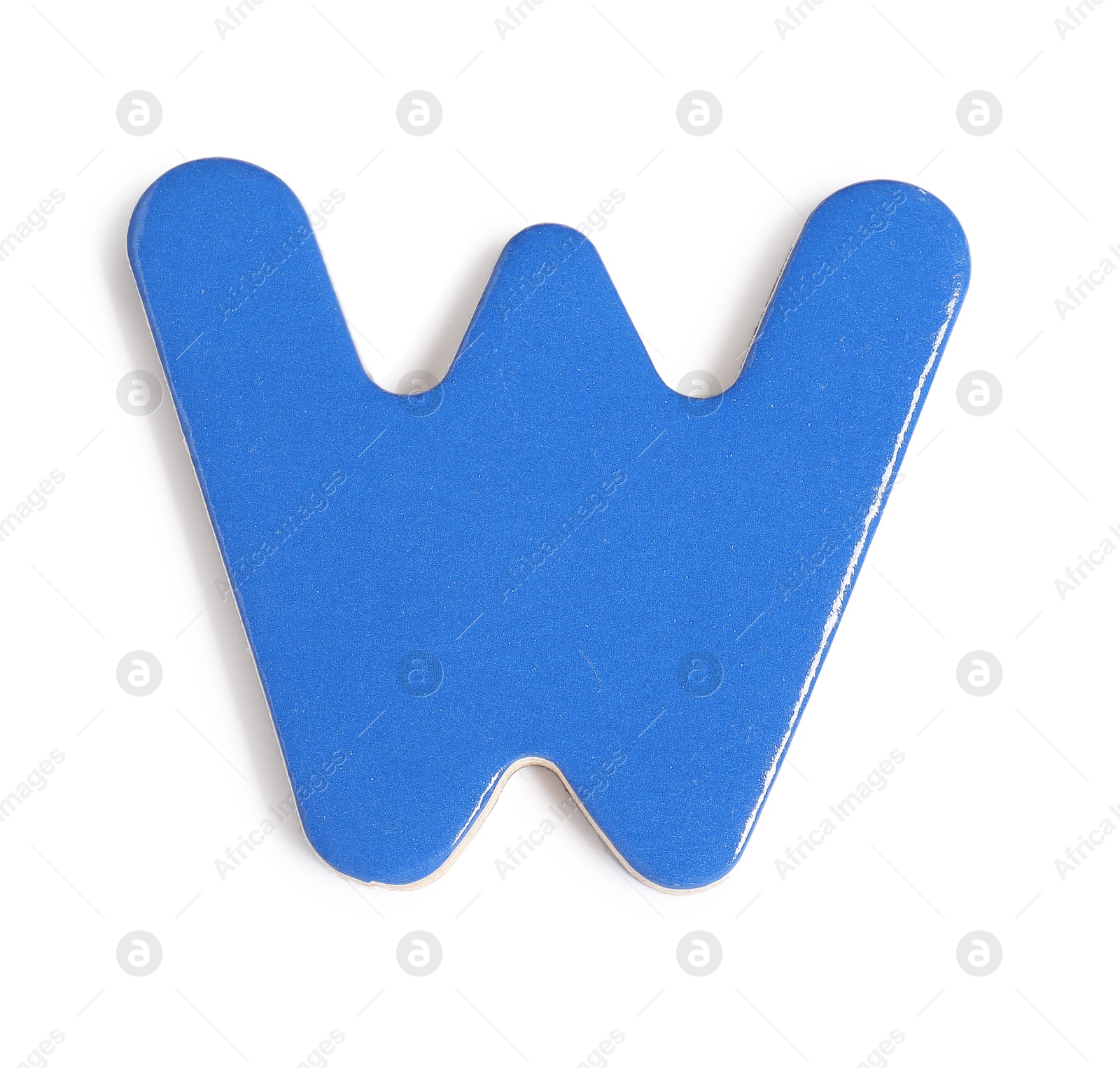 Photo of Blue magnetic letter W isolated on white, top view. Alphabet