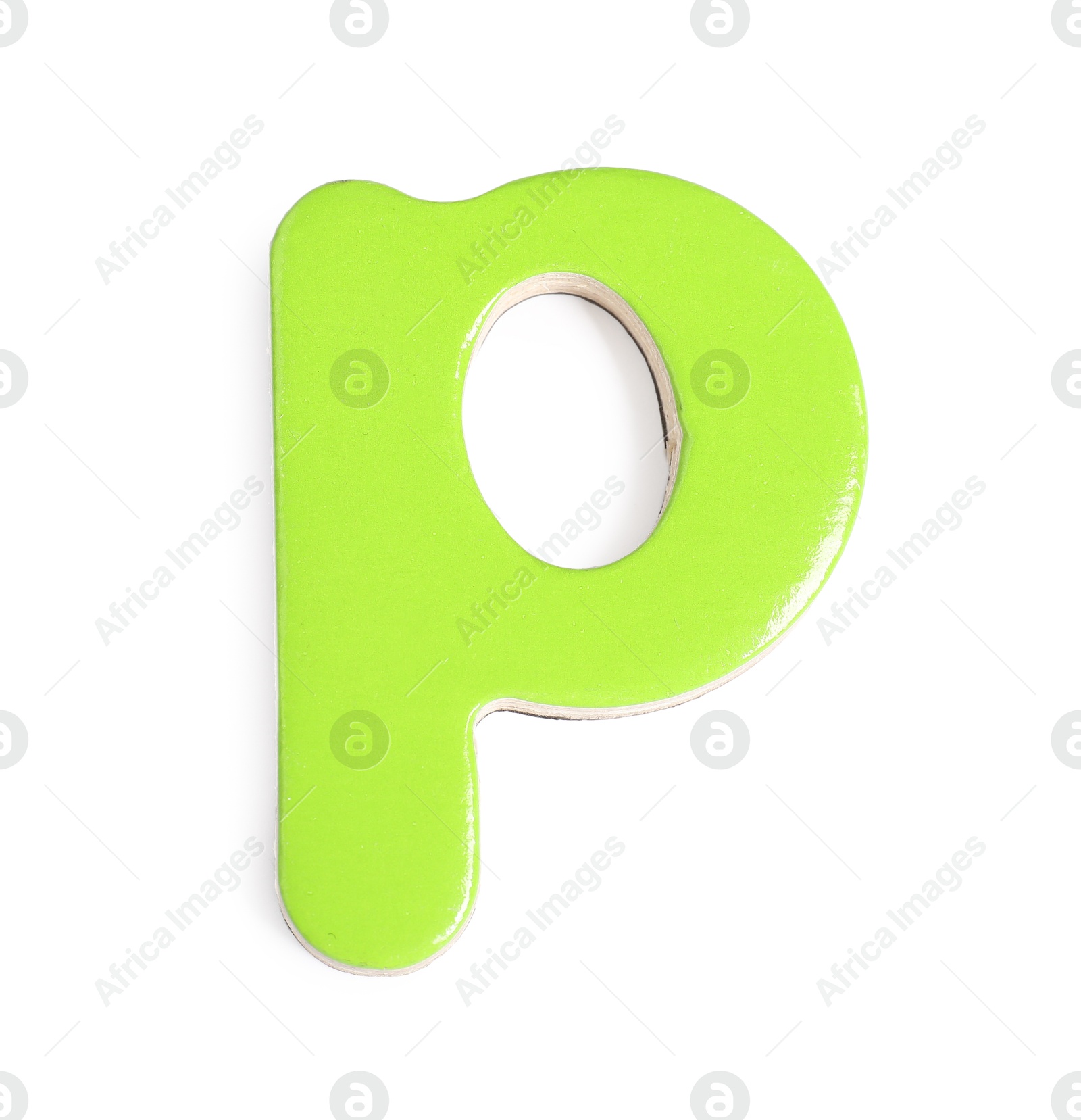 Photo of Green magnetic letter P isolated on white, top view. Alphabet