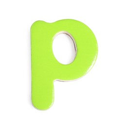 Green magnetic letter P isolated on white, top view. Alphabet