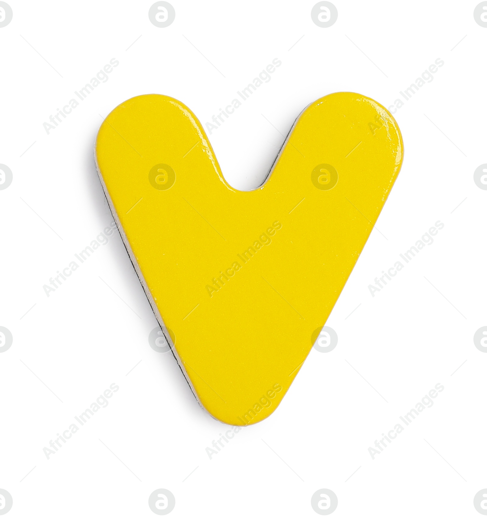 Photo of Yellow magnetic letter V isolated on white, top view. Alphabet