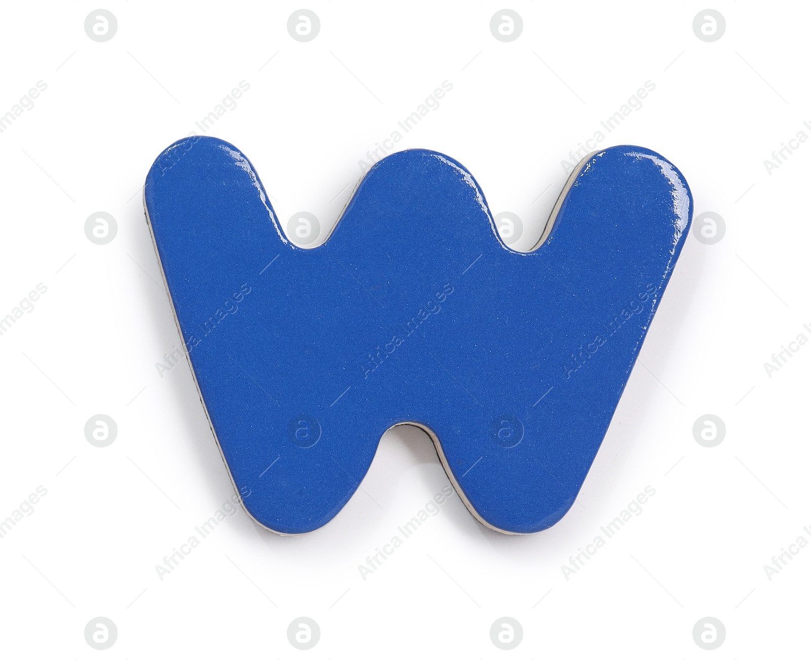 Photo of Blue magnetic letter W isolated on white, top view. Alphabet