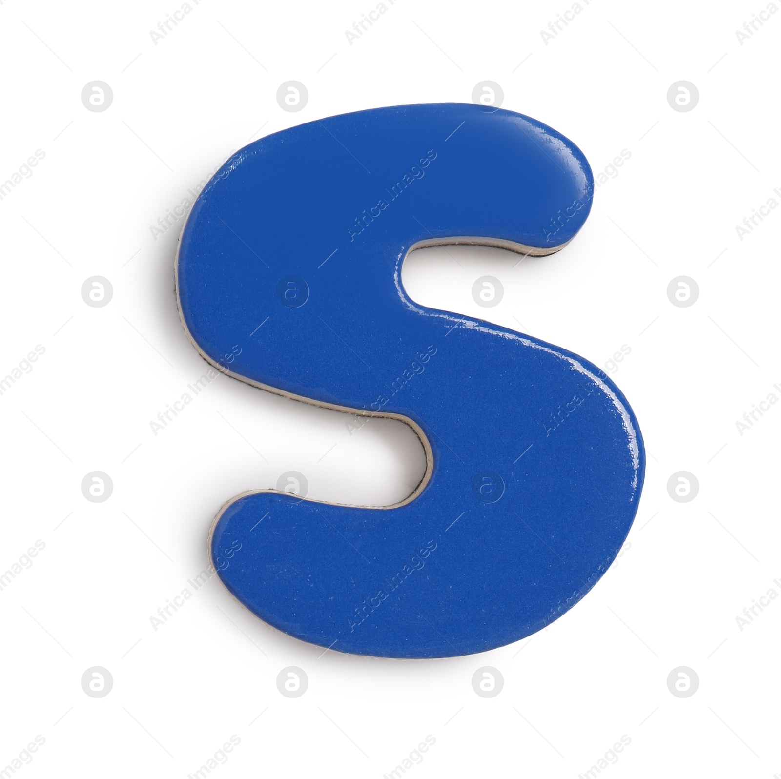Photo of Blue magnetic letter S isolated on white, top view. Alphabet