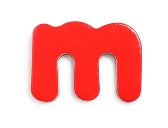 Photo of Red magnetic letter M isolated on white, top view. Alphabet