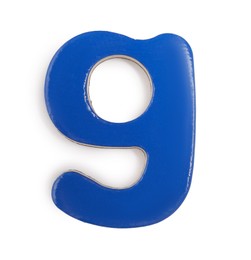 Photo of Blue magnetic letter G isolated on white, top view. Alphabet