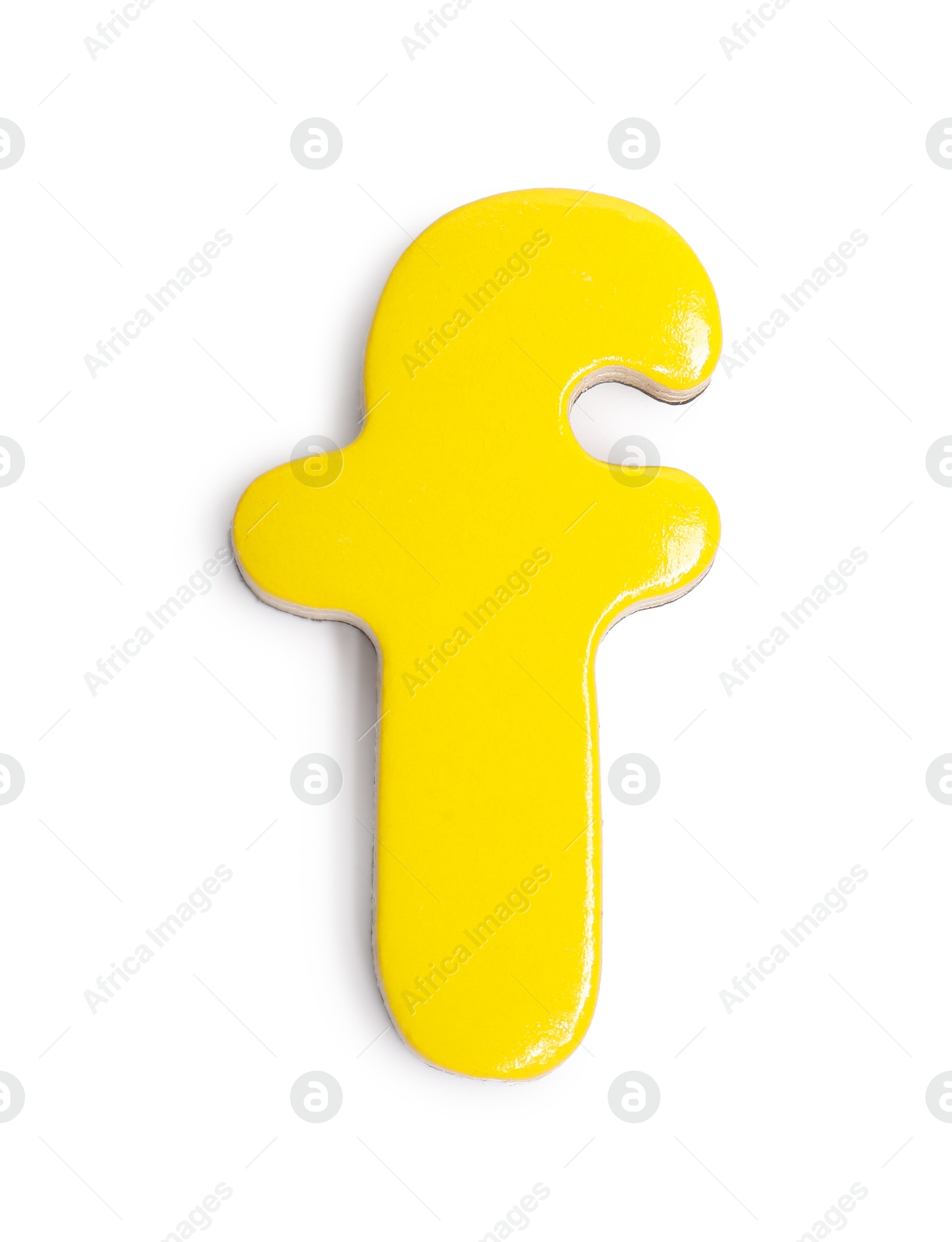 Photo of Yellow magnetic letter F isolated on white, top view. Alphabet