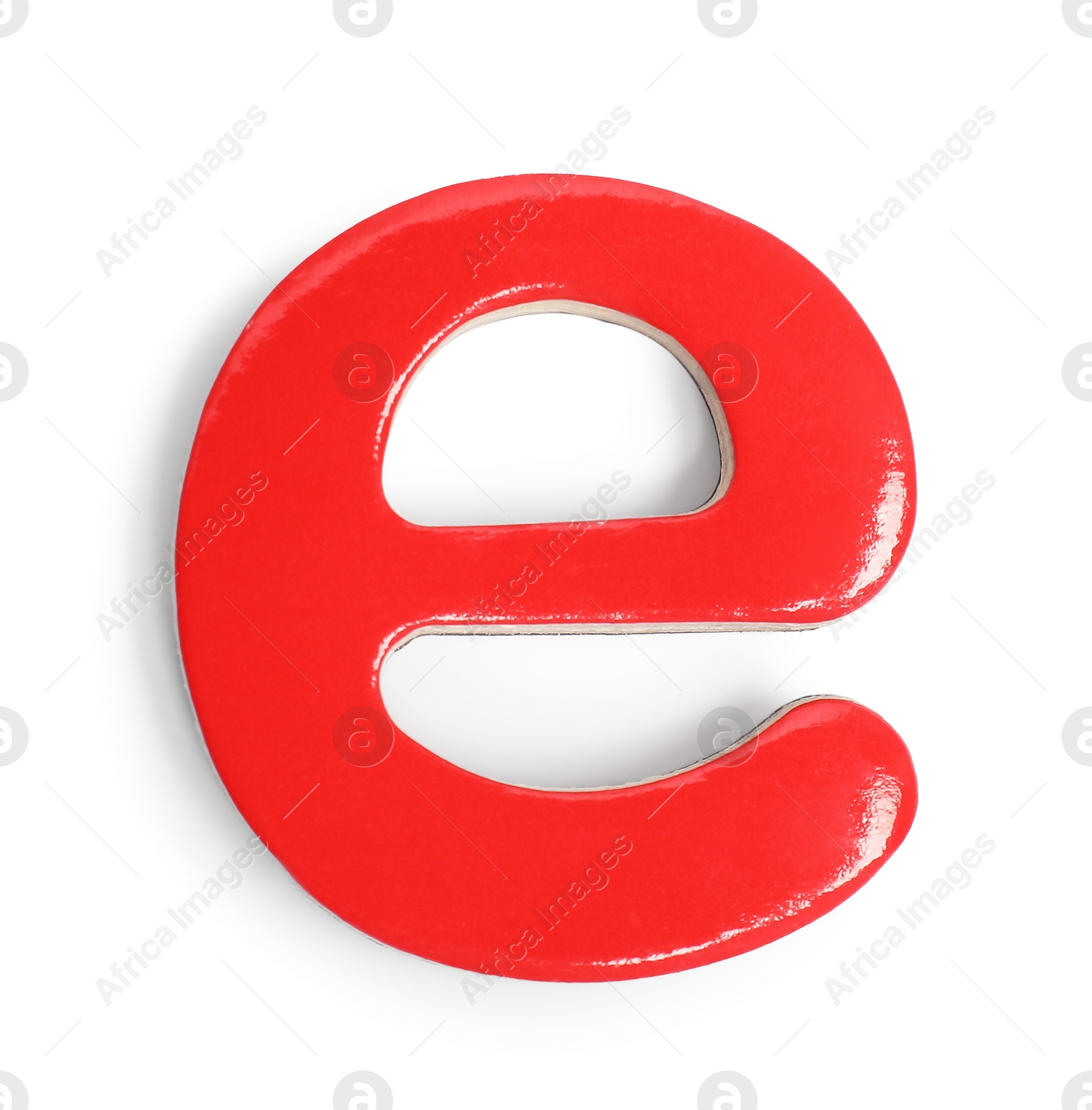 Photo of Red magnetic letter E isolated on white, top view. Alphabet