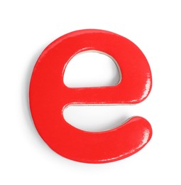 Photo of Red magnetic letter E isolated on white, top view. Alphabet