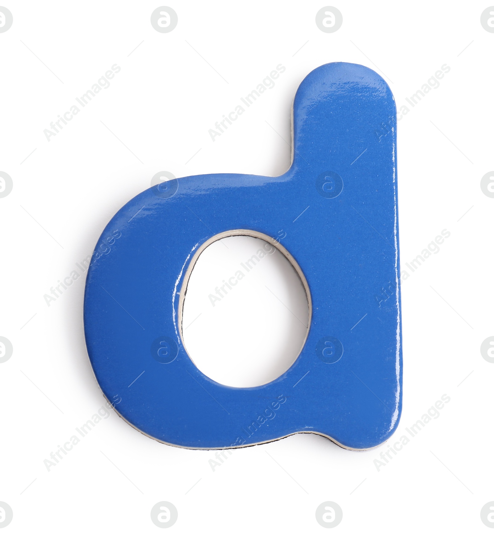 Photo of Blue magnetic letter D isolated on white, top view. Alphabet