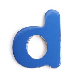 Blue magnetic letter D isolated on white, top view. Alphabet