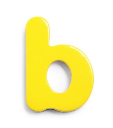 Photo of Yellow magnetic letter B isolated on white, top view. Alphabet