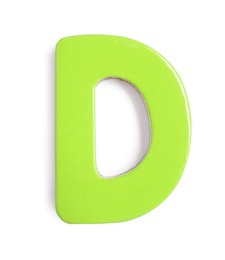 Green magnetic letter D isolated on white, top view. Alphabet