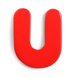 Photo of Red magnetic letter U isolated on white, top view. Alphabet