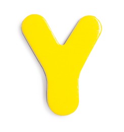 Photo of Yellow magnetic letter Y isolated on white, top view. Alphabet