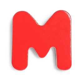 Red magnetic letter M isolated on white, top view. Alphabet