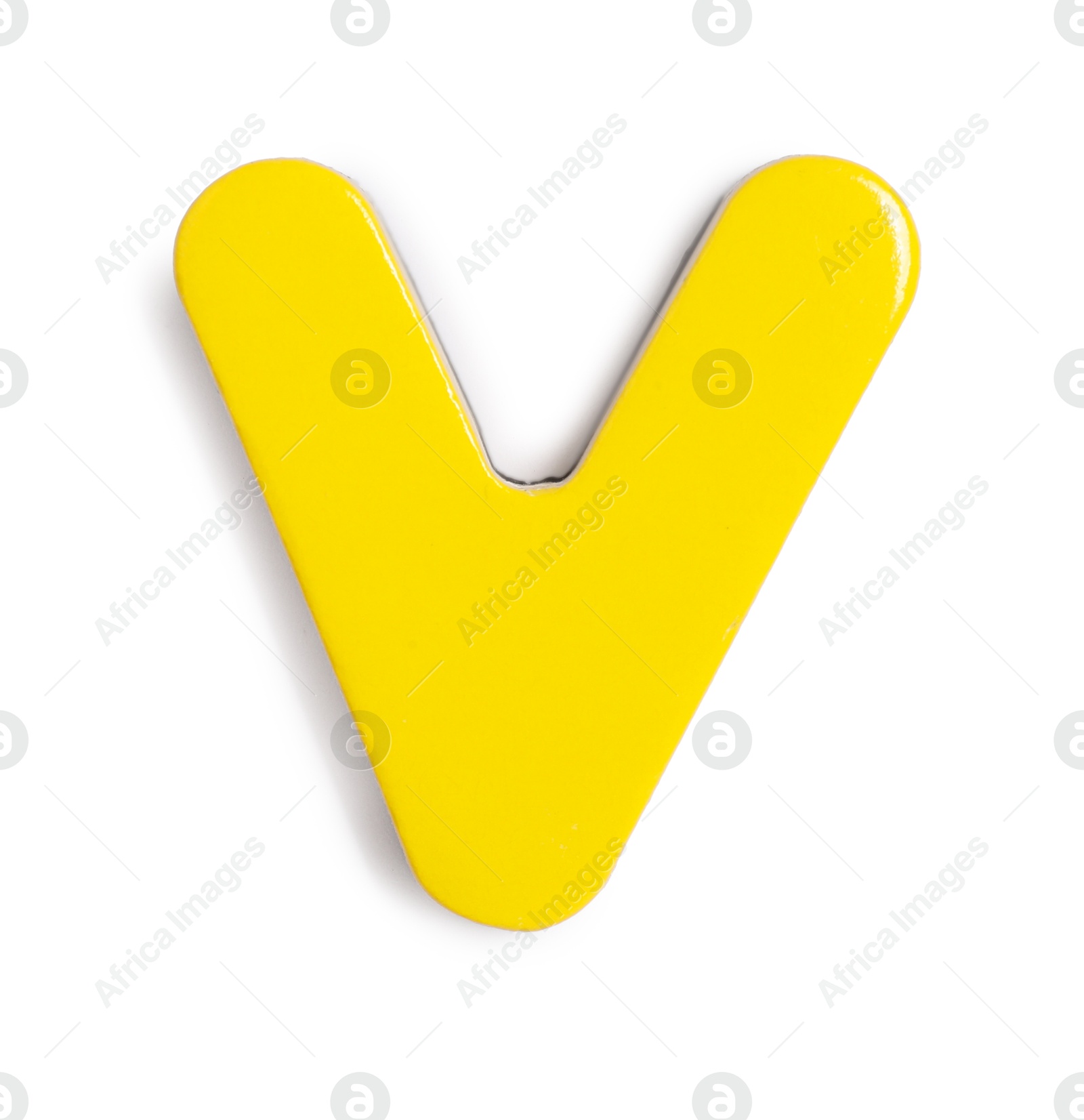 Photo of Yellow magnetic letter V isolated on white, top view. Alphabet